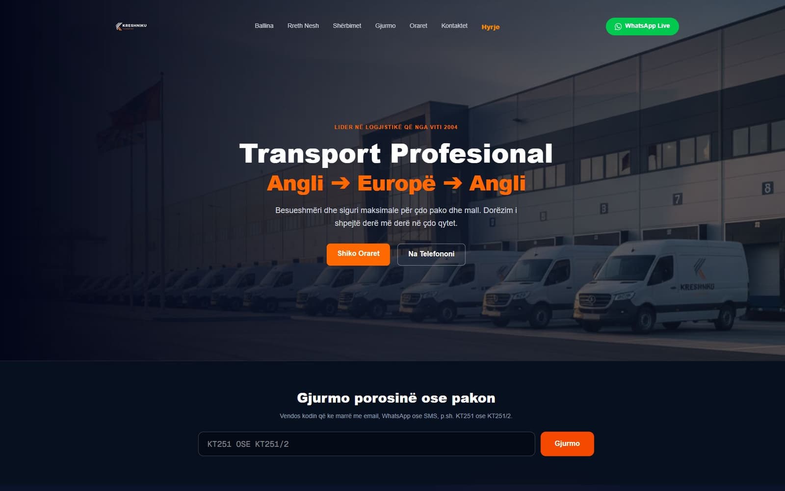Kreshniku Transport website showing its branding, Europe–UK transport hero, and shipment tracking form