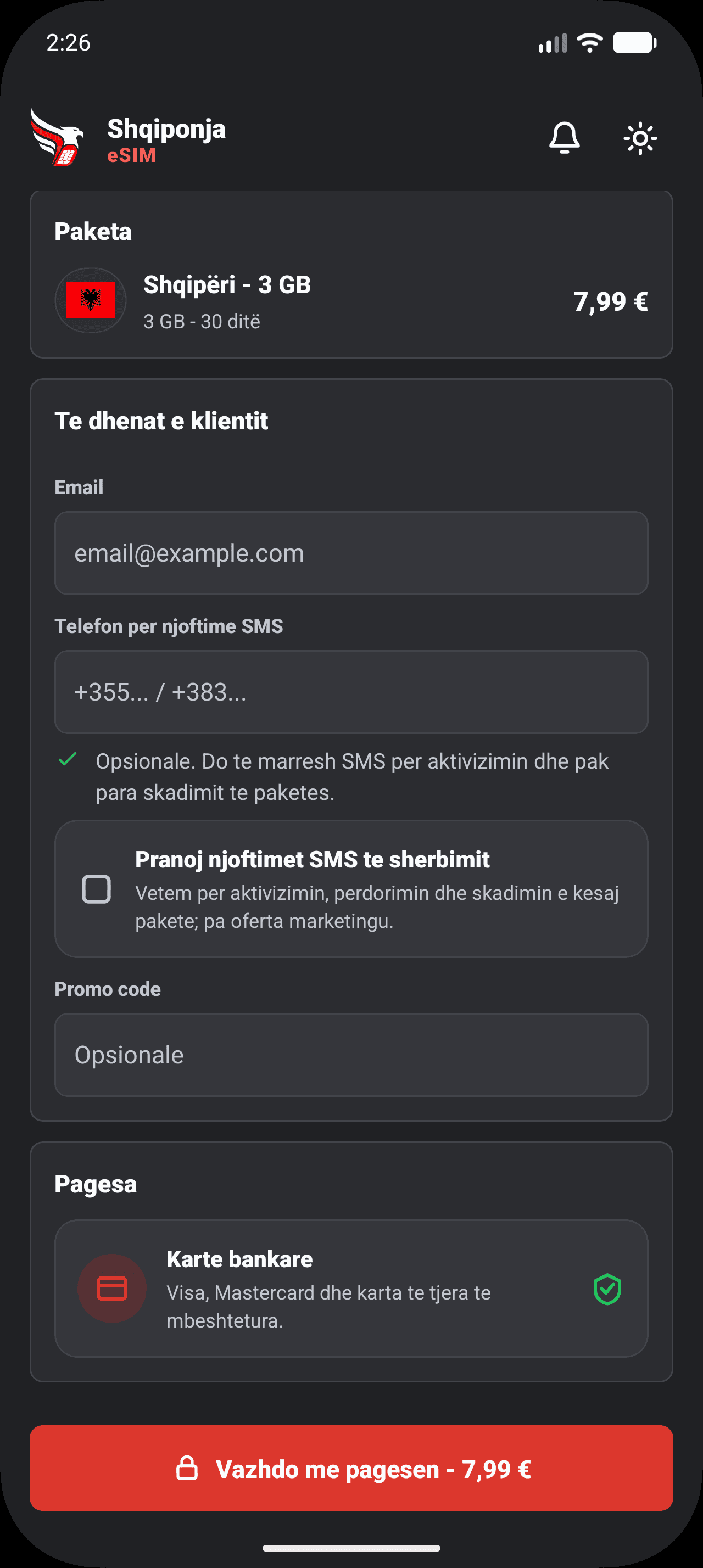SHQIPONJA eSIM app checkout with package details and payment options